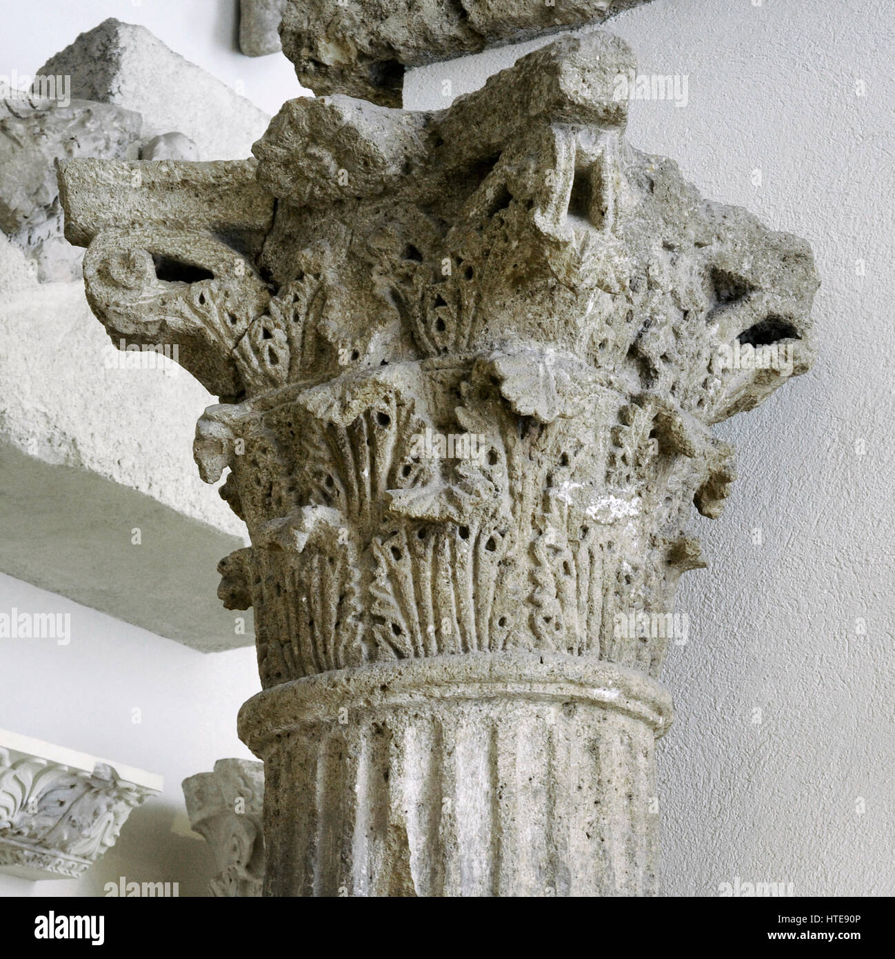 Corinthian capital decorated with acanthus leaves. Roman theatre. 1st century AD. Stone of Medol/Soldo. Tarragona, Spain. National Archaeological Museum. Tarragona. Spain. Stock Photo