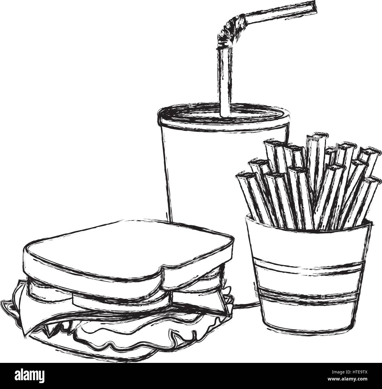 monochrome sketch of sandwich with french fries and soda Stock Vector