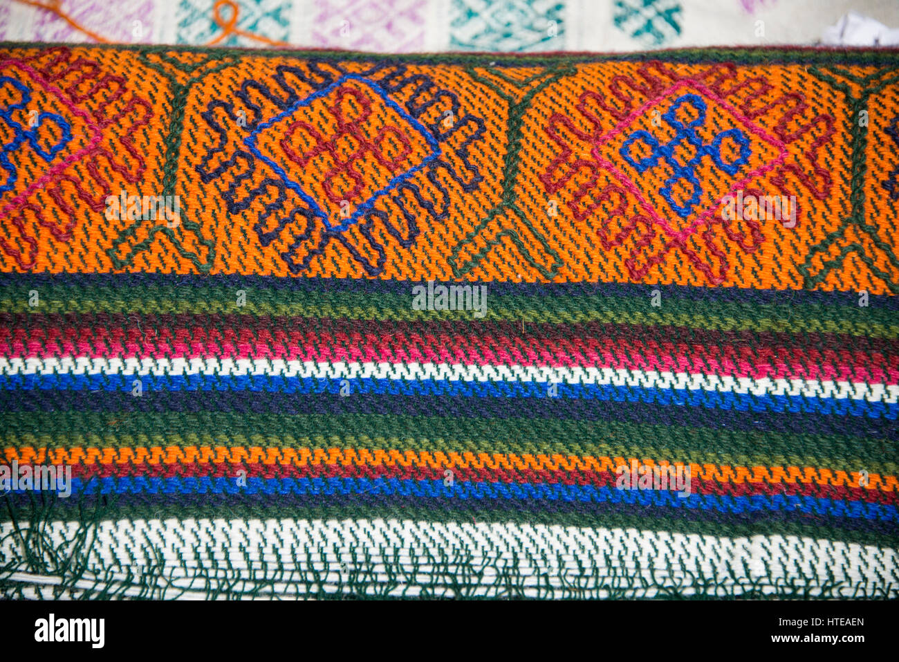Bhutan, Thimphu. The Bhutan Textile Museum aka the National Textile Museum. Museum shop, display of high quality traditional handmade wool textiles. Stock Photo