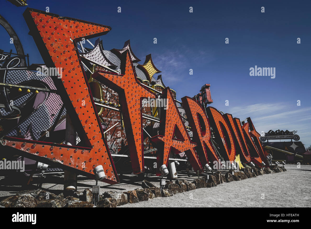 The Neon Boneyard museum in Las Vegas, United States of America. The museum shows world-famous signs of Las Vegas like the “Stardust”. Stock Photo