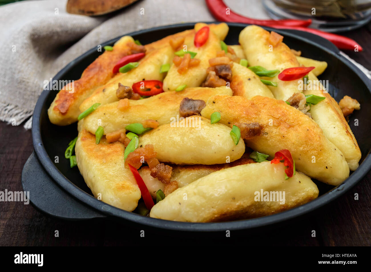 Popular traditional Czech, Hungarian, German dish potato knedli (dumplings) with slices of