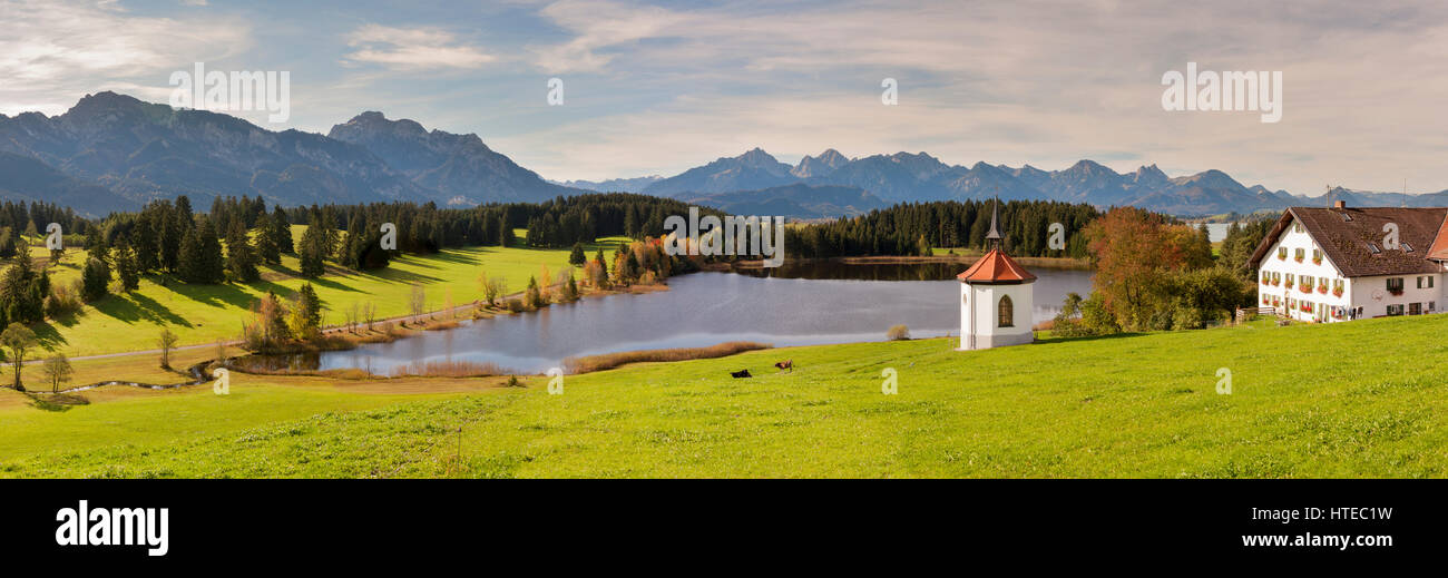 Panorama scene in Bavaria, Germany, with alps mountains and lake at spring Stock Photo