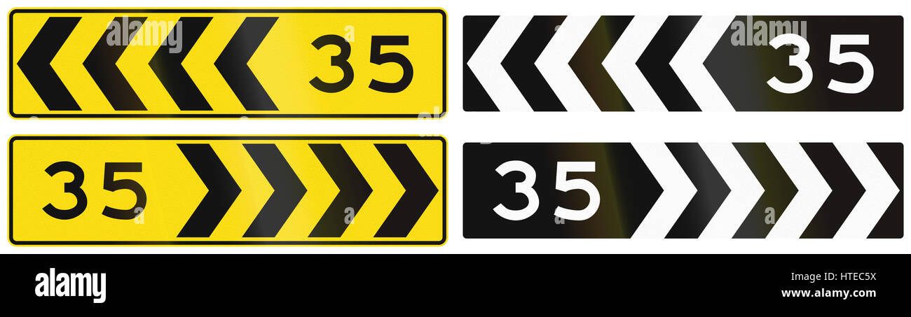 A collection of New Zealand road signs - Chevron with advisory speed. Stock Photo