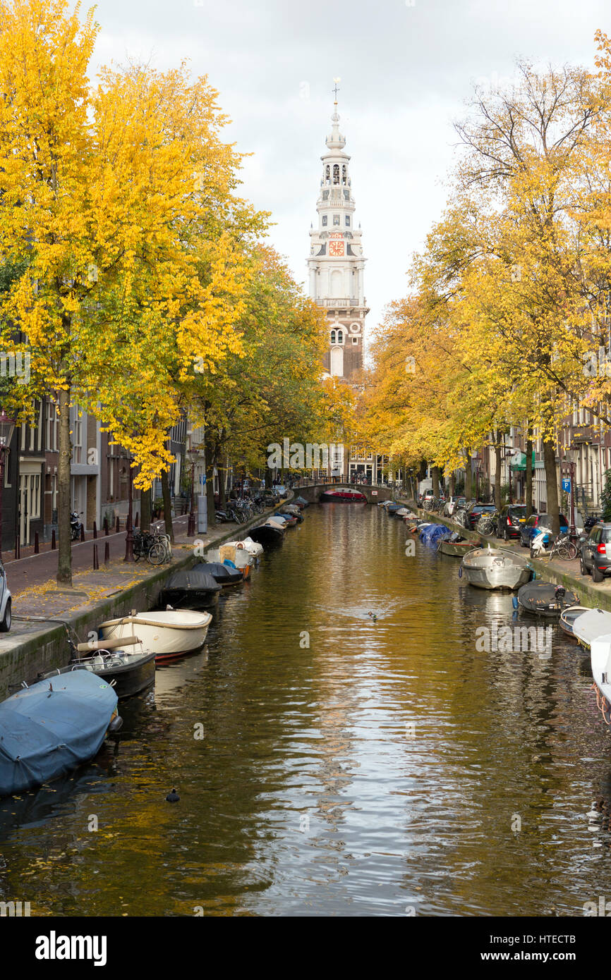 Looking over the Groenburgwal towards the Zuiderkerk in Amsterdam, The Netherlands, Europe. Stock Photo