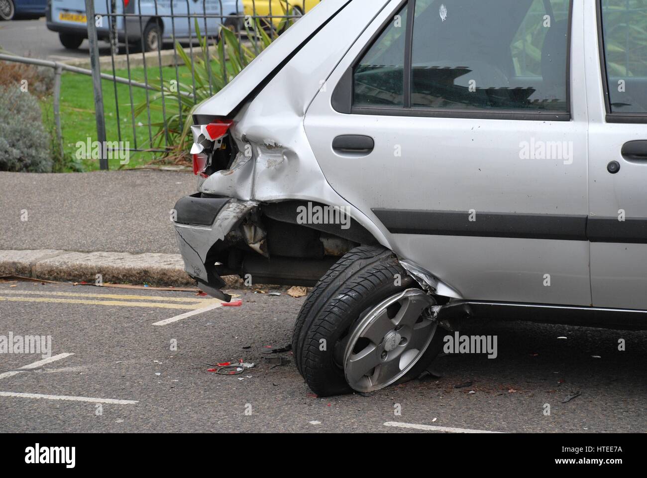 A badly damaged Ford Fiesta car after a traffic accident at Warrior Square in St.LeonardsonSea