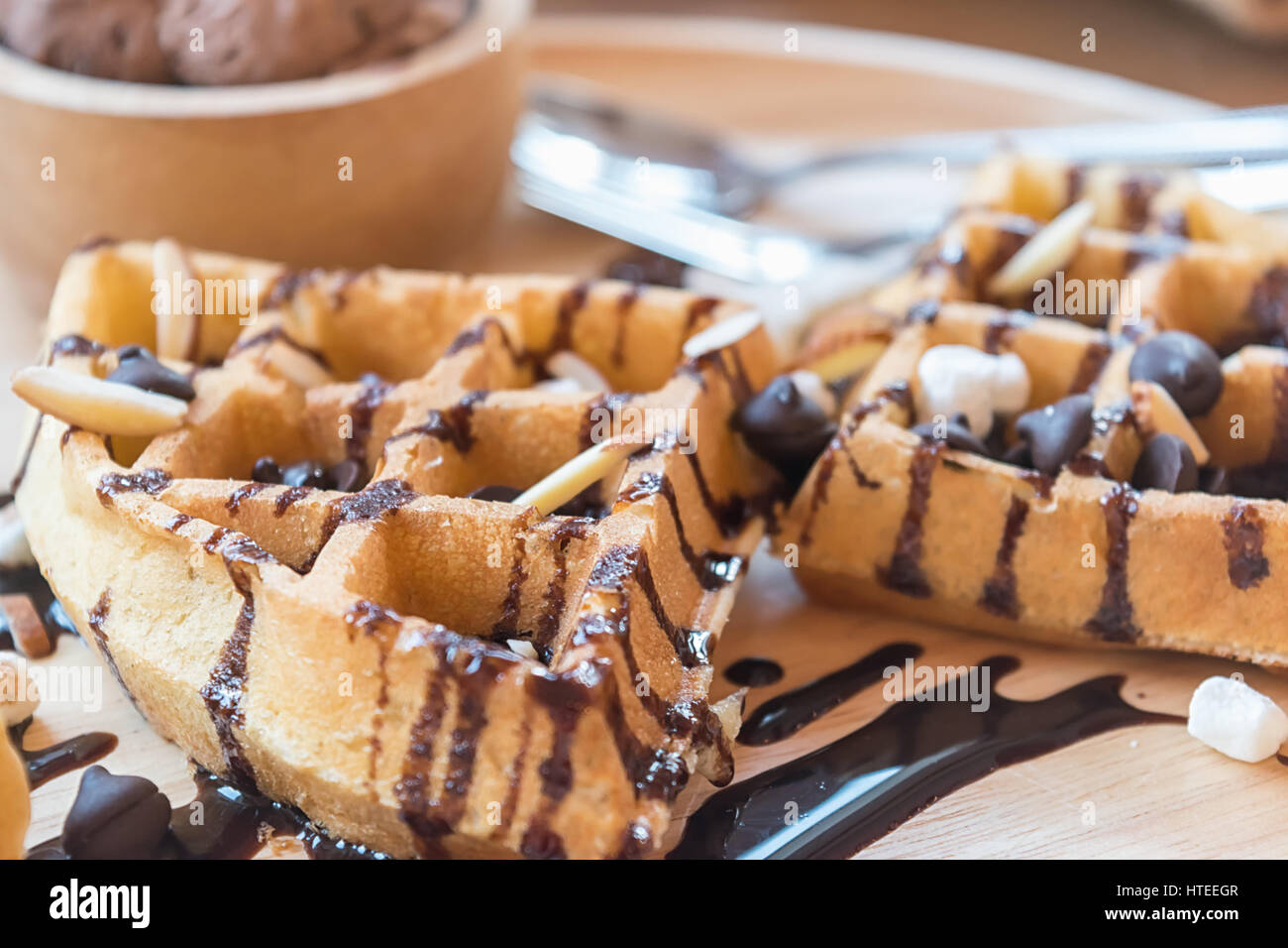 delicious sweet dessert : homemade waffle with chocolate sauce ...