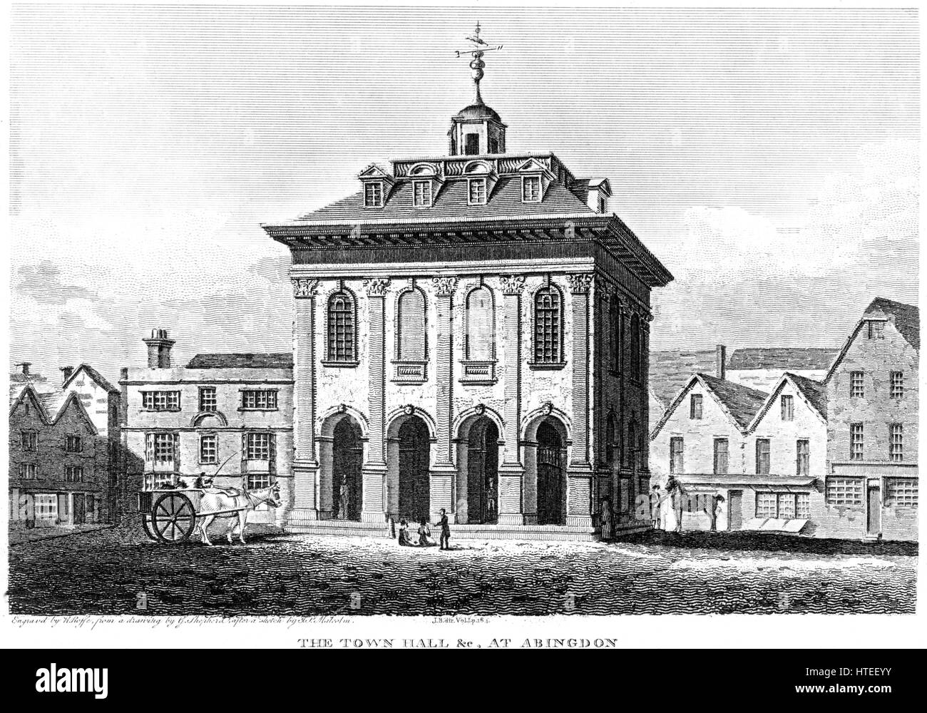 An engraving of The Town Hall, Abingdon, Berkshire scanned at high