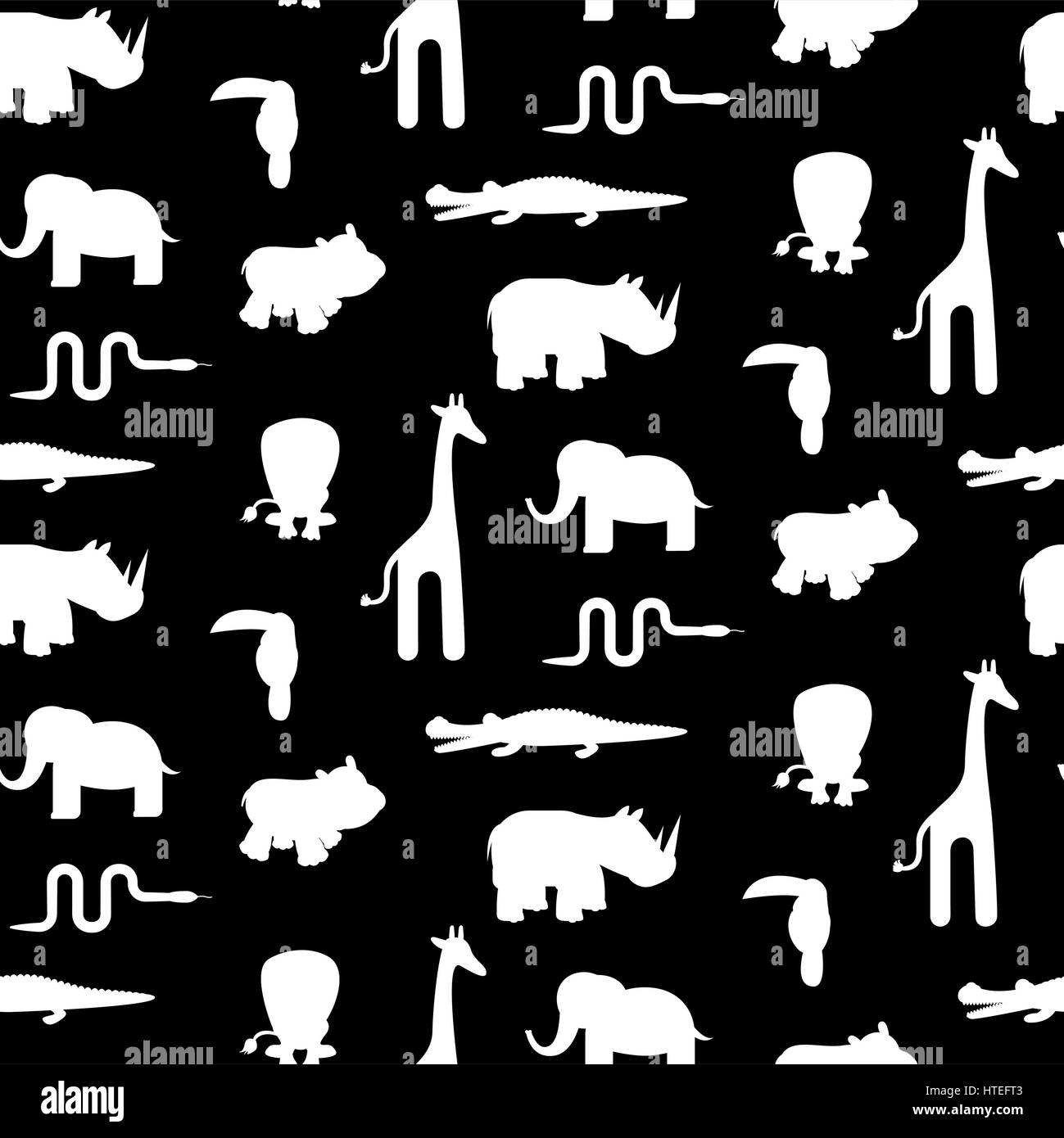 Black and white animal silhouettes seamless pattern vector. Monochrome giraffe, lion, hippo, crocodile, toucan and snake on white background. Stock Vector