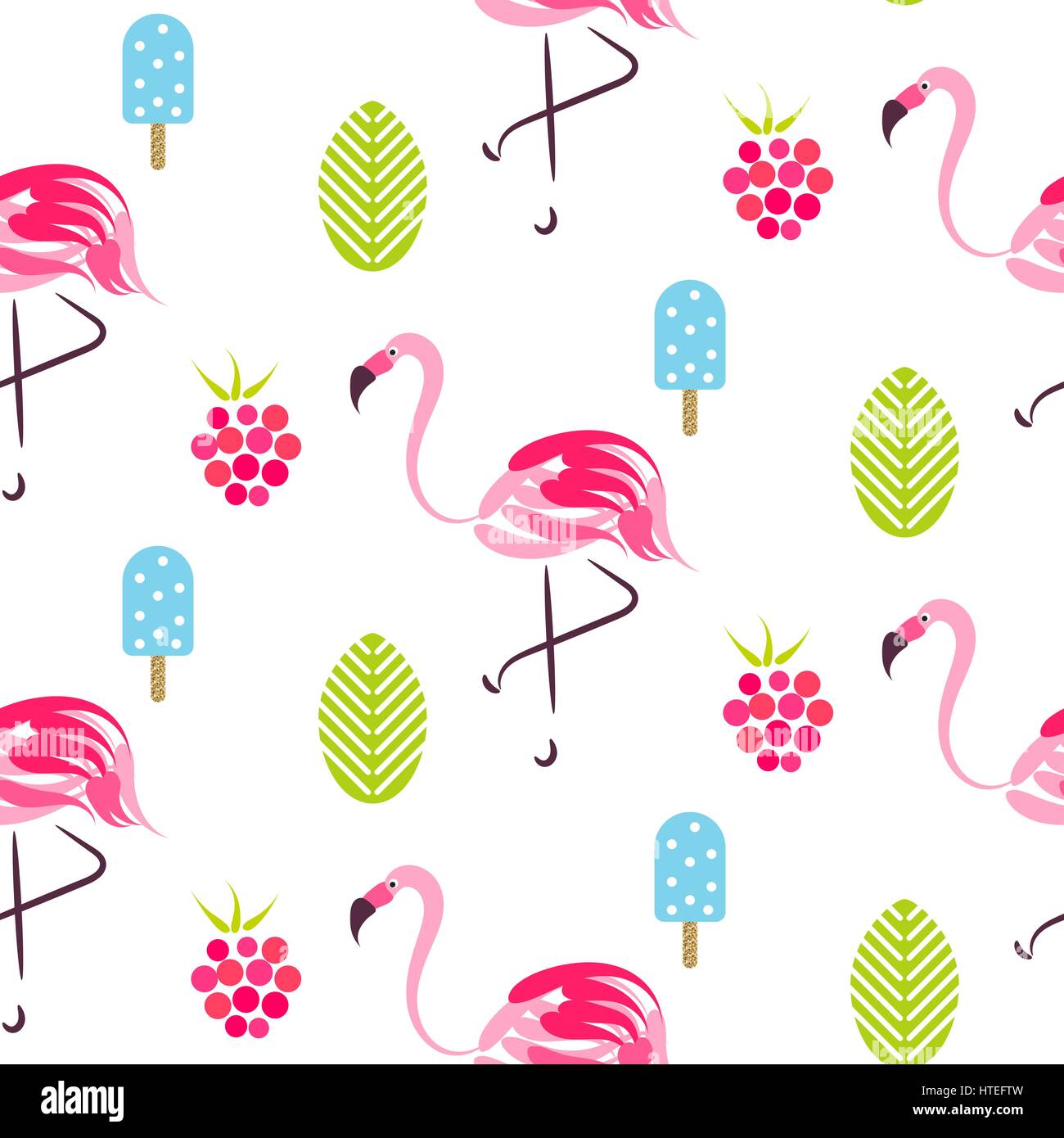 Summer pattern with pink flamingo, ice cream and raspberries. Fresh ...