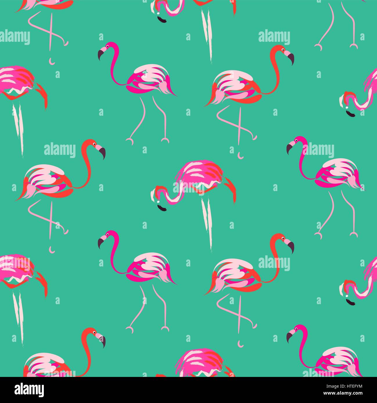 Hand drawn pink flamingo seamless mint pattern vector. Tropic birds on ...