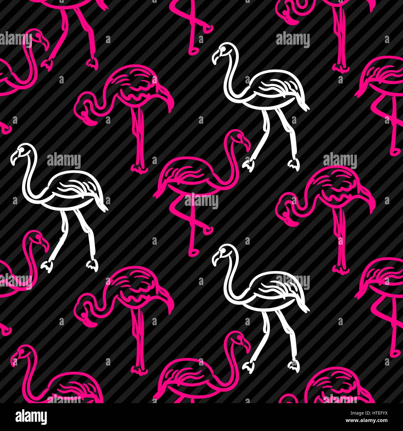 Black and pink striped flamingo bird pattern. Outline hand drawn doodle