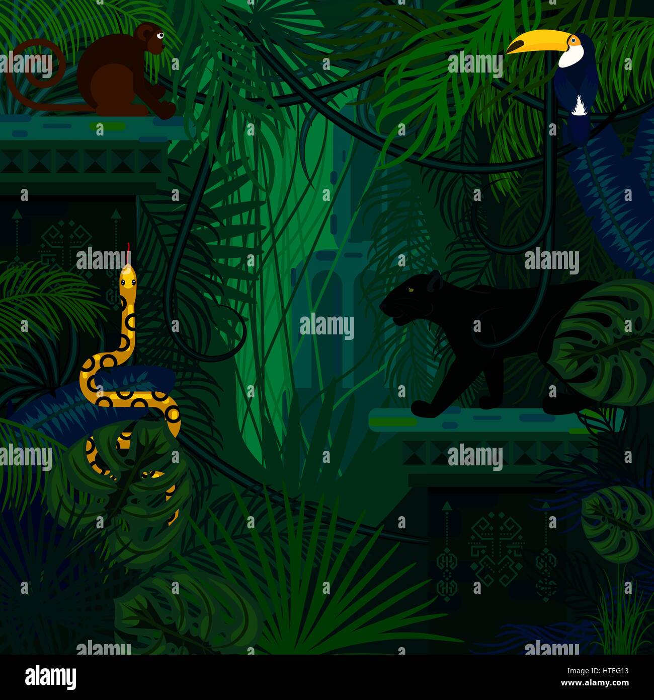 Rainforest wild animals and plants vector background. Panther, snake