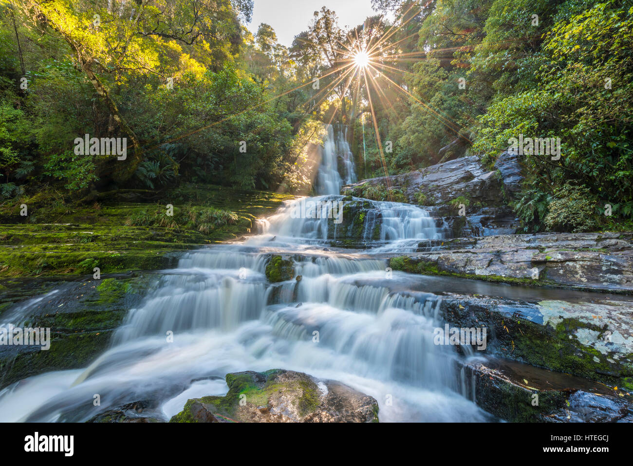 McLean waterfall, Sun Star, The Catlins, Otago, Southland, New Zealand Stock Photo