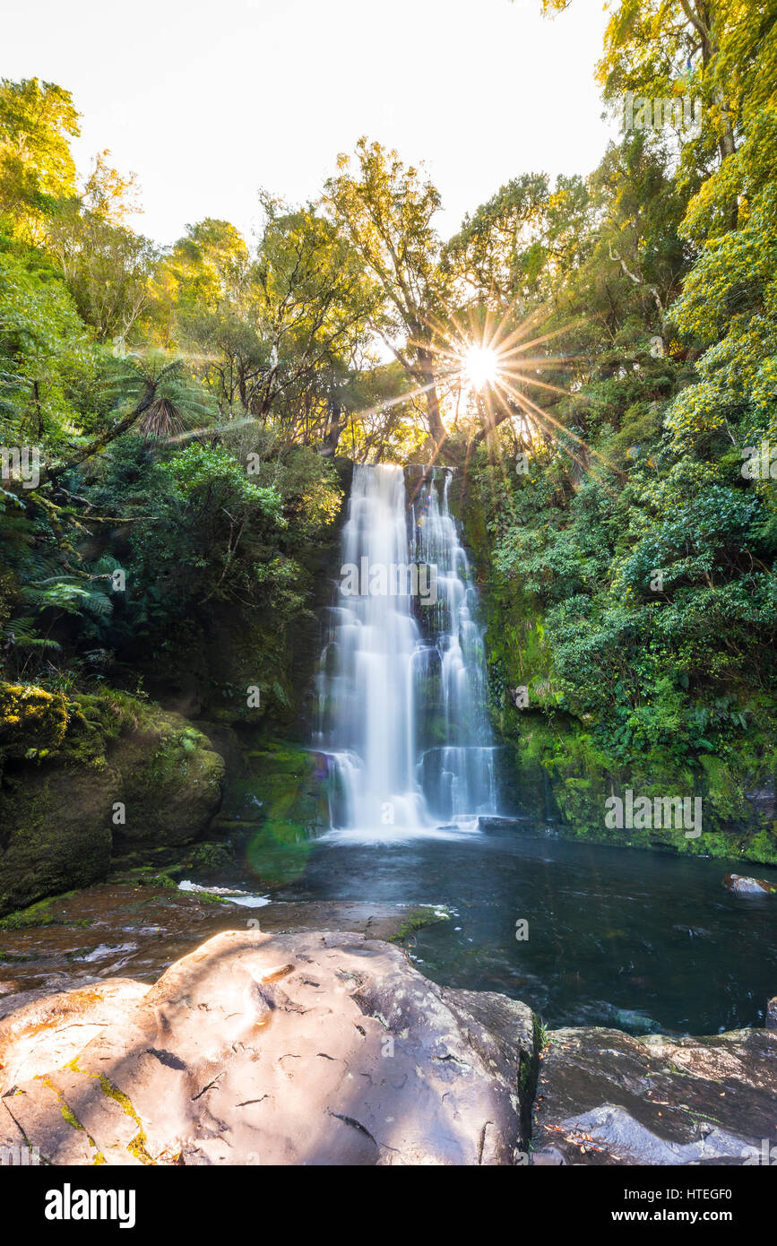 McLean waterfall, Sun Star, The Catlins, Otago, Southland, New Zealand Stock Photo