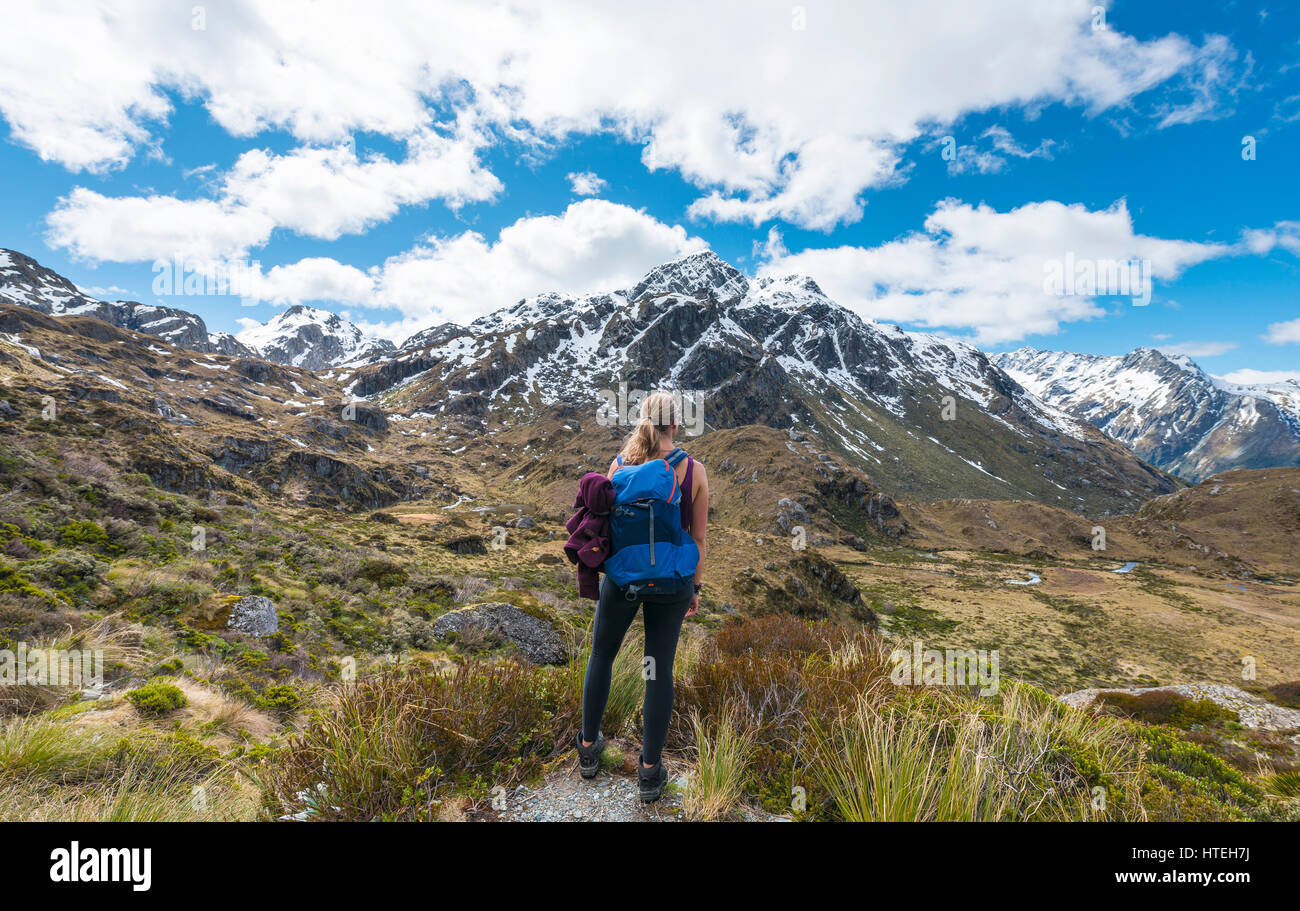 Hiker on the Routeburn Track, Westland District, Mount Xenicus behind, Mount Aspiring National Park, West Coast, Southland Stock Photo