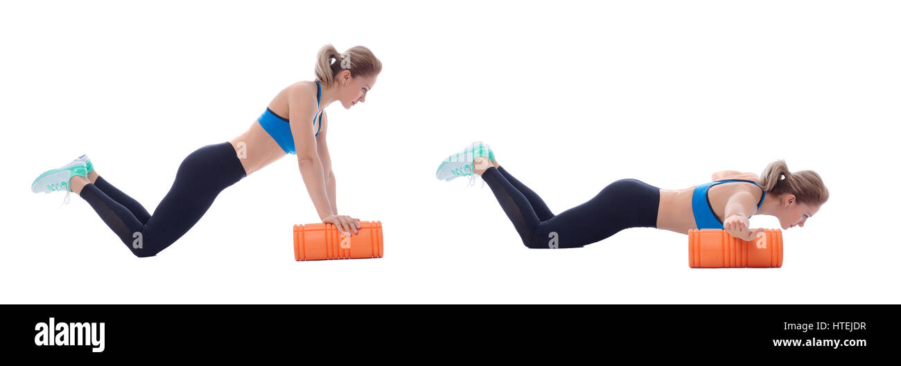 Foam roller exercise explanation and execution with a trainer Stock ...