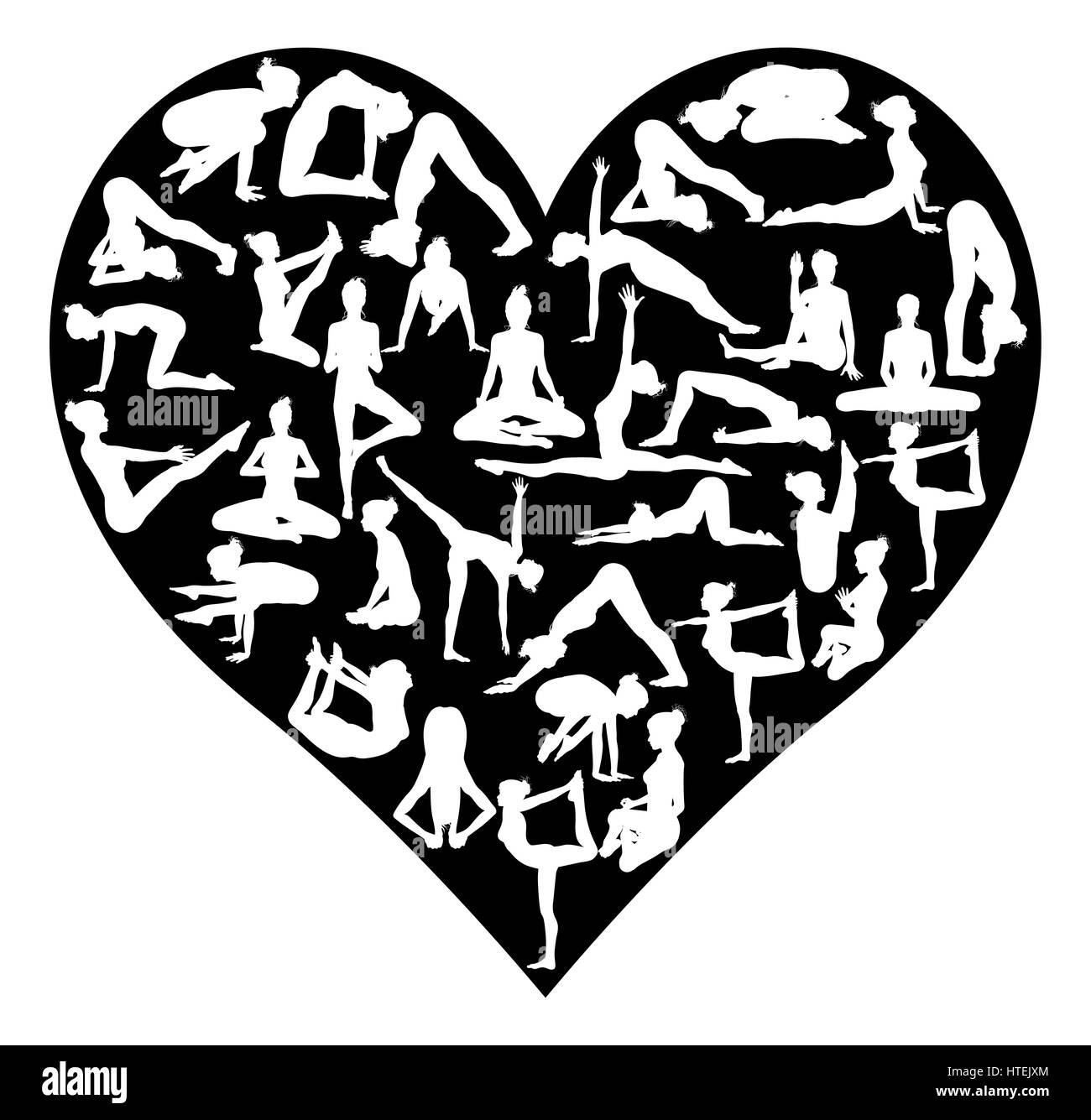 A set of detailed yoga poses and postures silhouettes in a heart shape Stock Photo