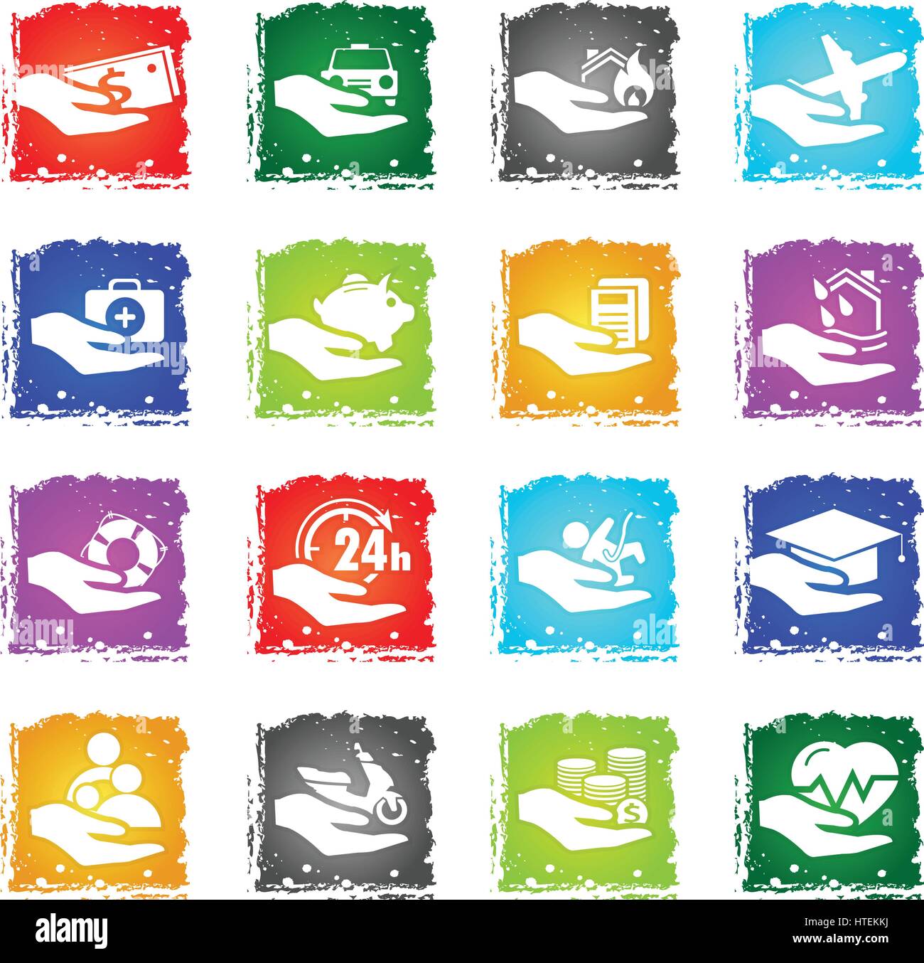 insurance vector web icons in grunge style for user interface design ...