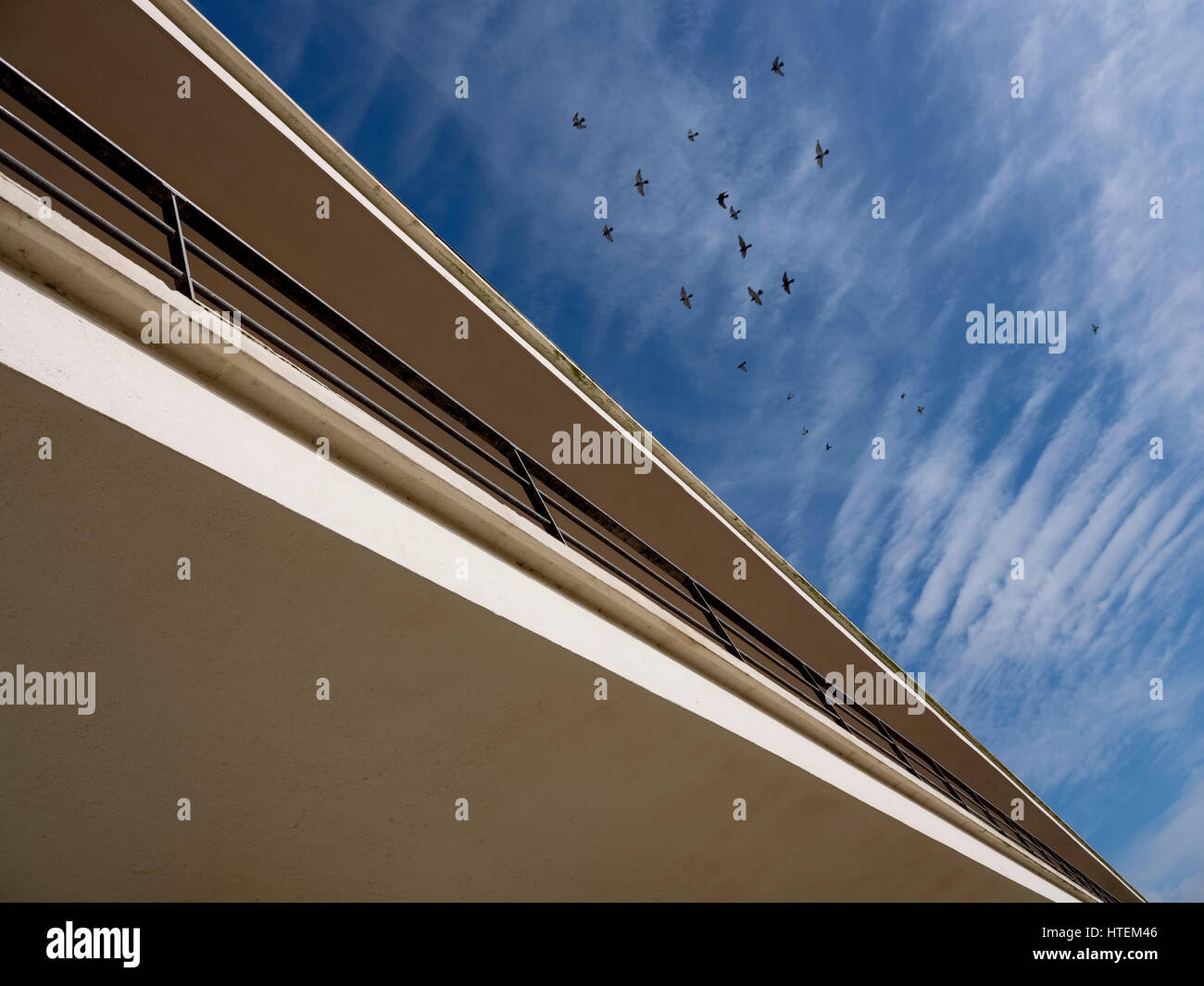 A view from street level looking up on the seaside elevation of The De La Warr Pavilion, Bexhill East Sussex Stock Photo