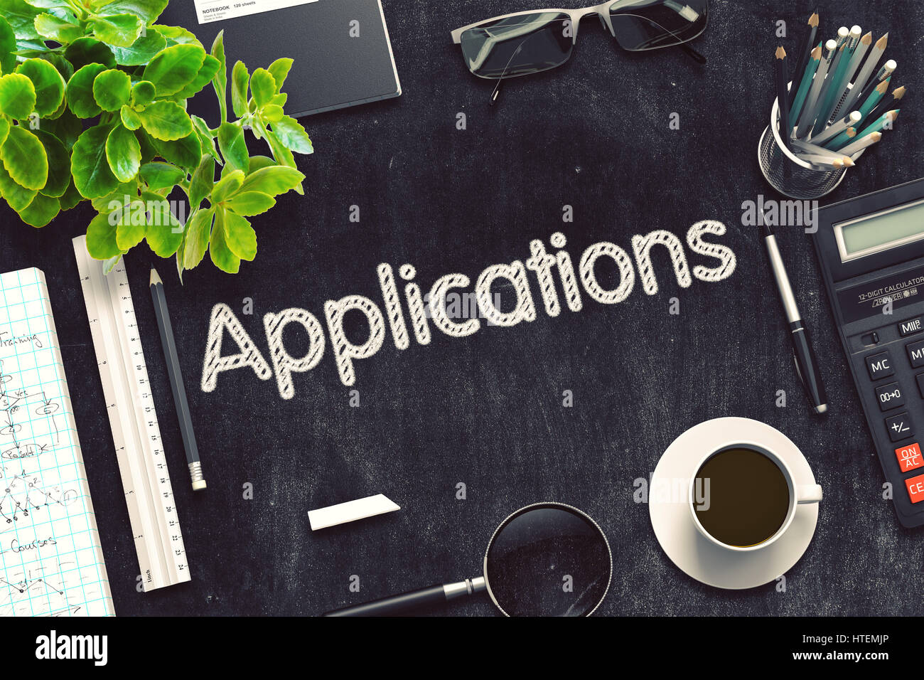 Applications Handwritten on Black Chalkboard. 3d Rendering. Toned