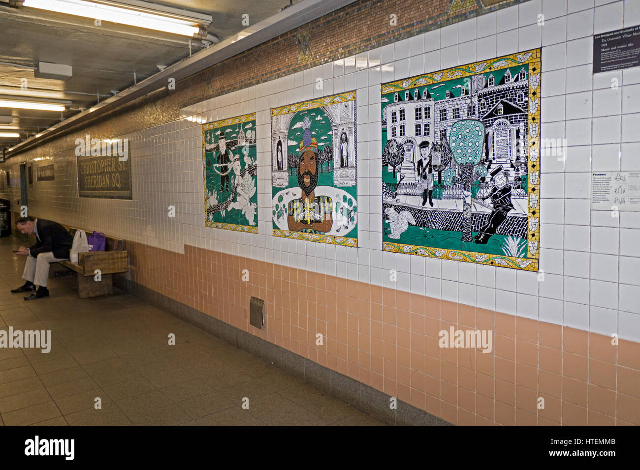 Mosaic art on the Christopher Street Sheridan Square subway platform on the Seventh Ave IRT subway station in the West Village, New York City. Stock Photo