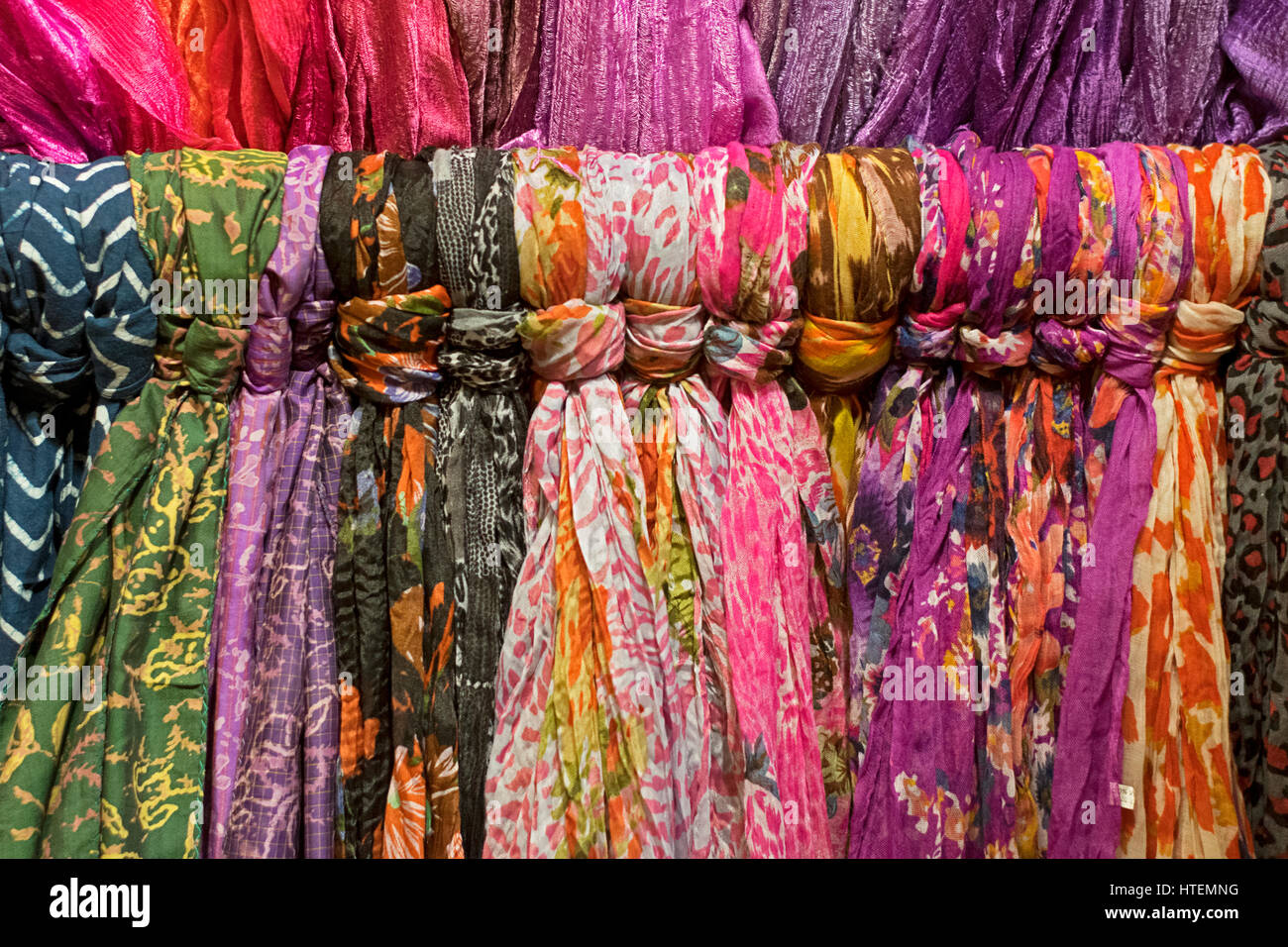 Silk shawls from Thailand for sale at Beads of Paradise store in lower Manhattan, New York City. Stock Photo