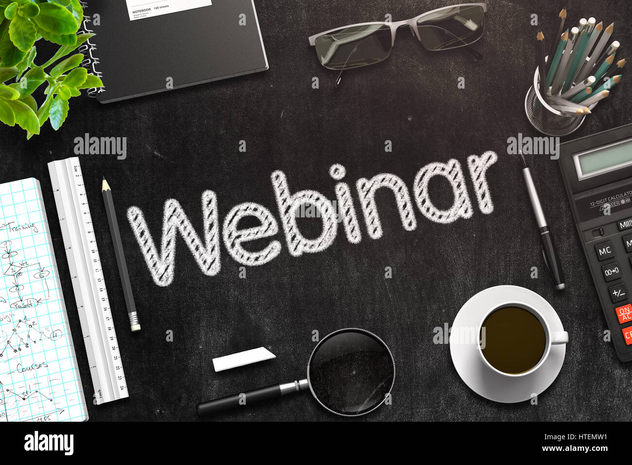 Black Chalkboard with Webinar Concept. 3d Rendering. Toned Image. Stock Photo