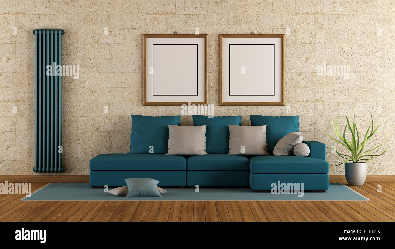 Modern living room with blue sofa and stone wall - 3d rendering Stock Photo