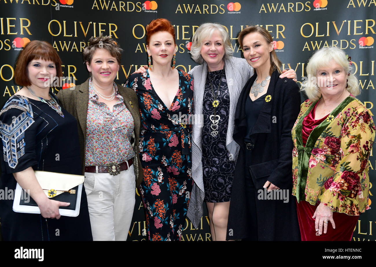 Cast of The Girls (left to right) Debbie Chazen, Claire Machin, Sophie-Louise Dann, Claire Moore, Joanna Riding and Michele Dotrice arriving at the Olivier Awards Nominations Party held at the Rosewood, London. Stock Photo