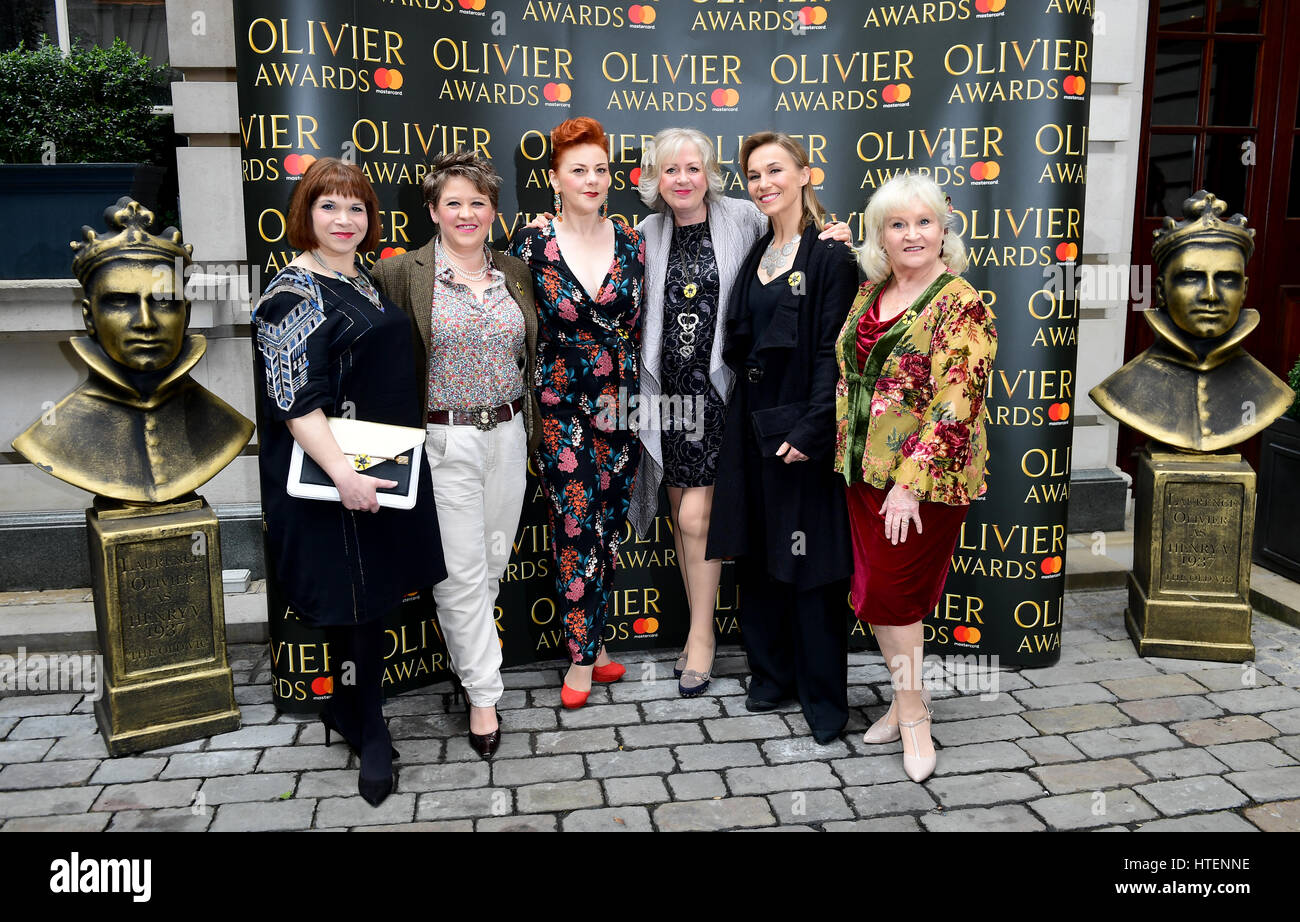 Cast of The Girls (left to right) Debbie Chazen, Claire Machin, Sophie-Louise Dann, Claire Moore, Joanna Riding and Michele Dotrice arriving at the Olivier Awards Nominations Party held at the Rosewood, London. Stock Photo