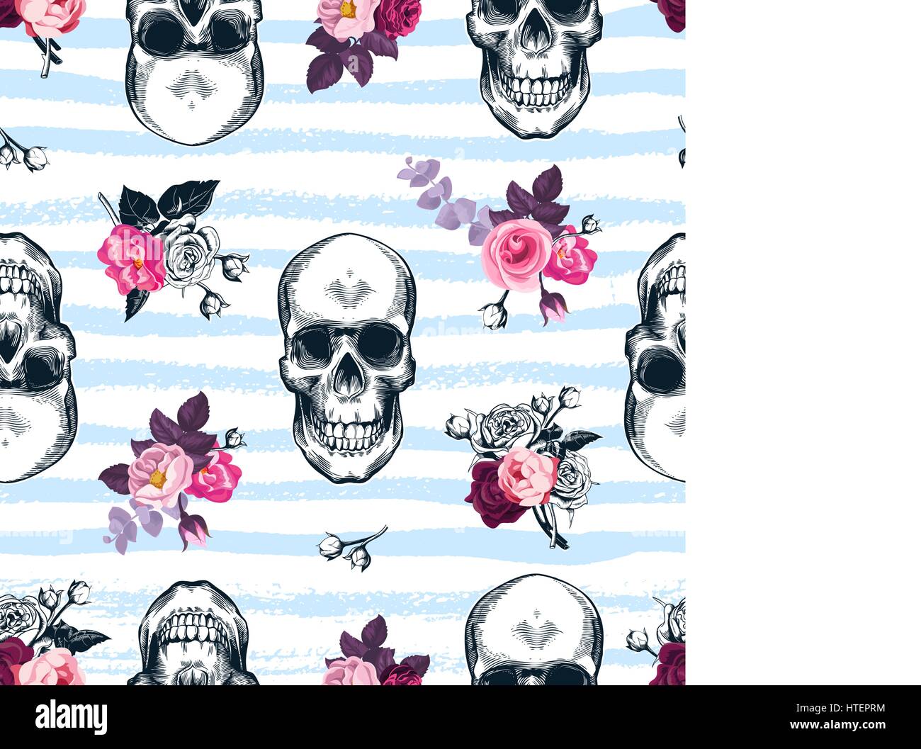 Seamless pattern with human skulls and semi-colored bunches of roses in etching style and blue horizontal paint traces on background. Modern backdrop. Vector illustration for wallpaper, textile print. Stock Vector