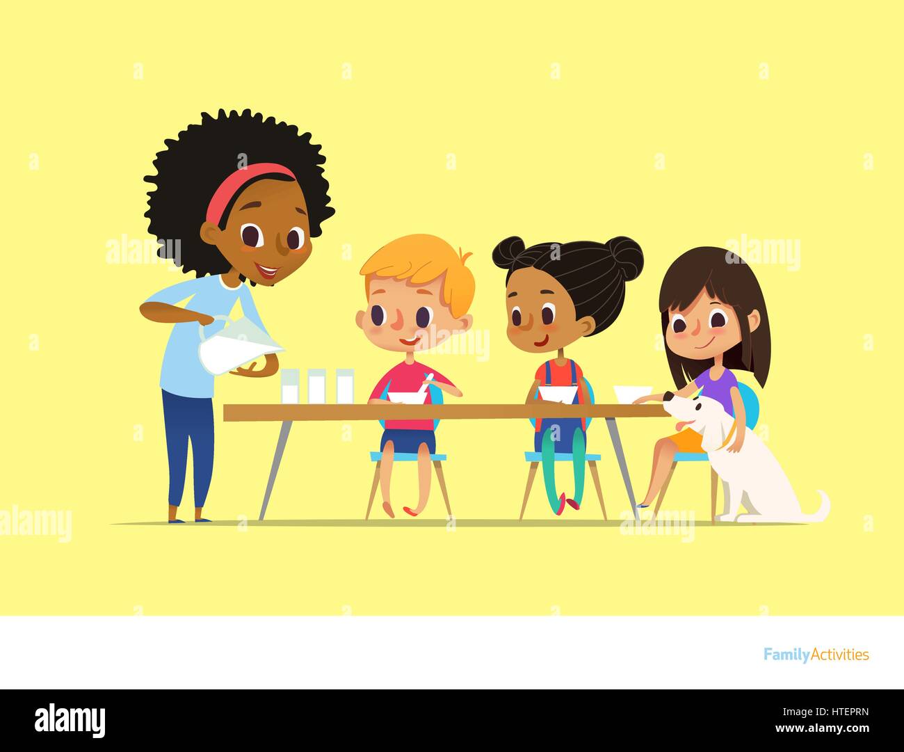 Smiling multiracial children sit at table and have breakfast while mother pour milk into gasses. Kids eating healthy morning meal. Daily family activity concept. Vector illustration for flyer, poster. Stock Vector