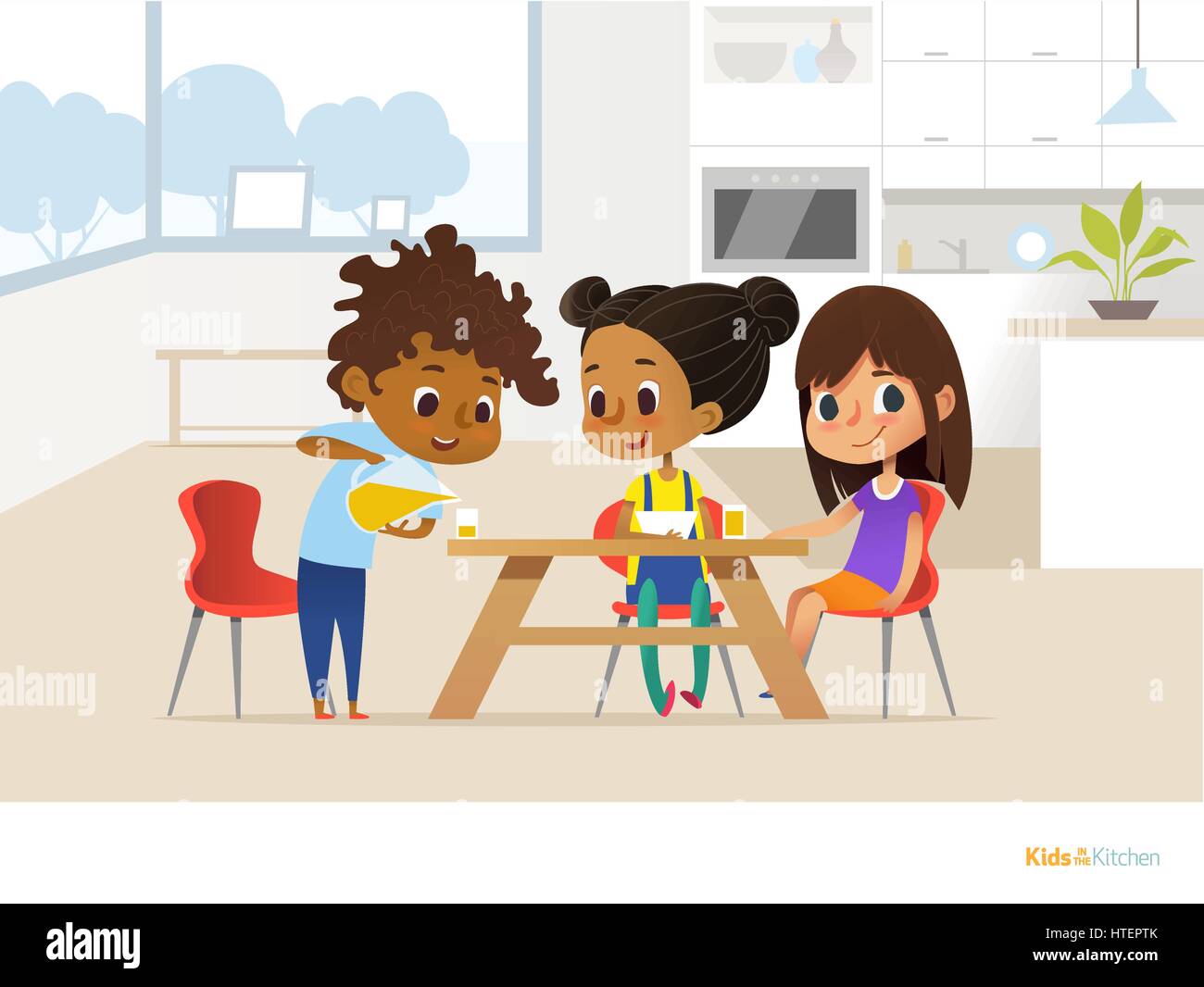 Multiracial children preparing lunch by themselves and eating. Two girls sitting at table and boy pouring orange juice into glass. Kids in dining room concept. Vector illustration for banner, website. Stock Vector