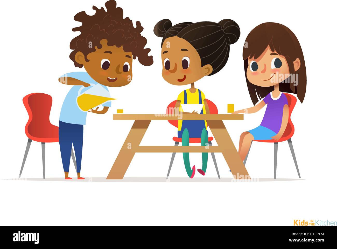 Happy kids having breakfast by themselves. Two girls eating morning meals at table and boy pouring drink into glass. Child nutrition concept. Vector illustration for banner, poster, website, flyer. Stock Vector