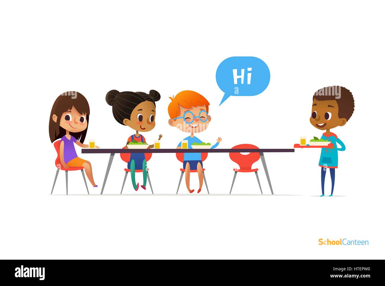 Multiracial kids sitting at table in school canteen and greeting