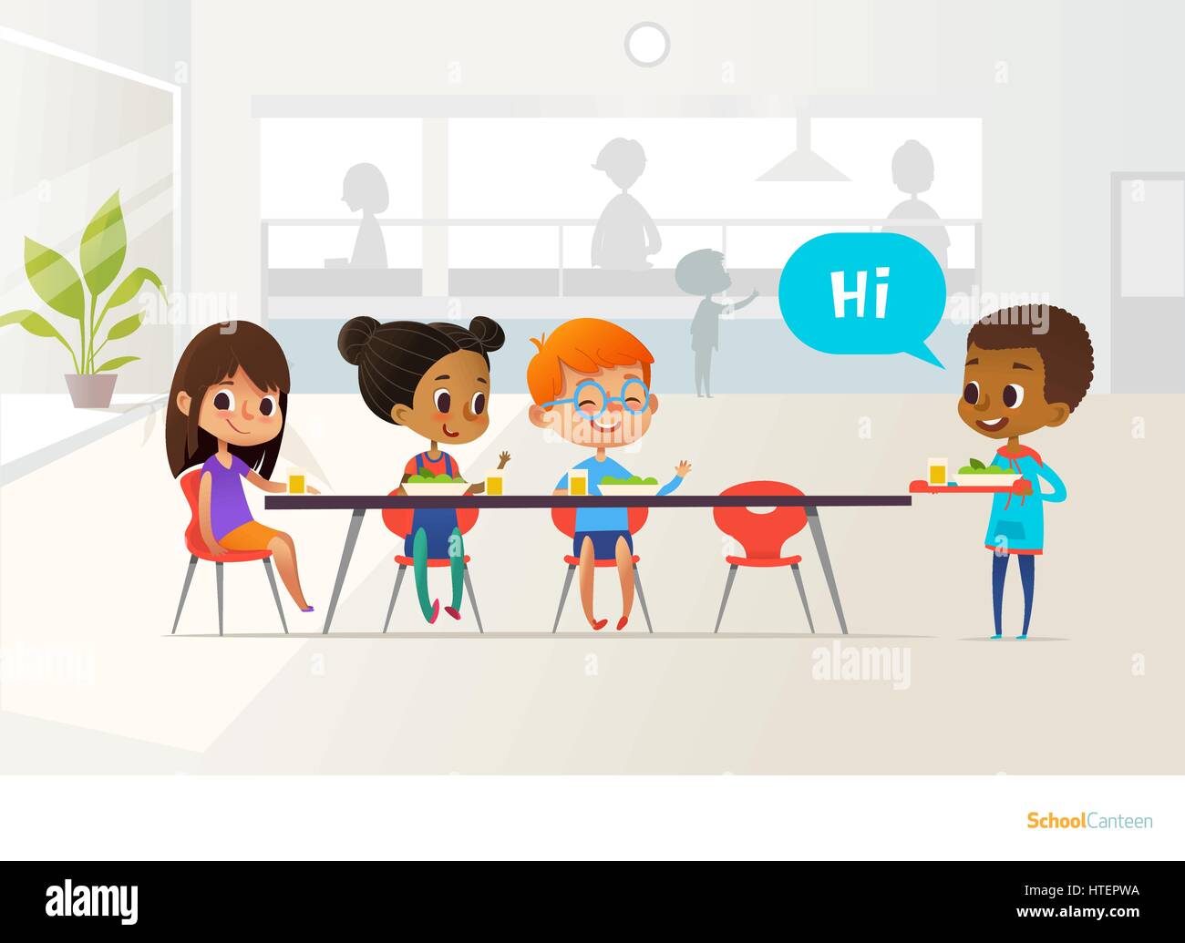 New pupil carrying tray of food and greeting classmates sitting at table in canteen. Children having lunch. Making school friends concept. Vector illustration for banner, website, poster, flyer. Stock Vector