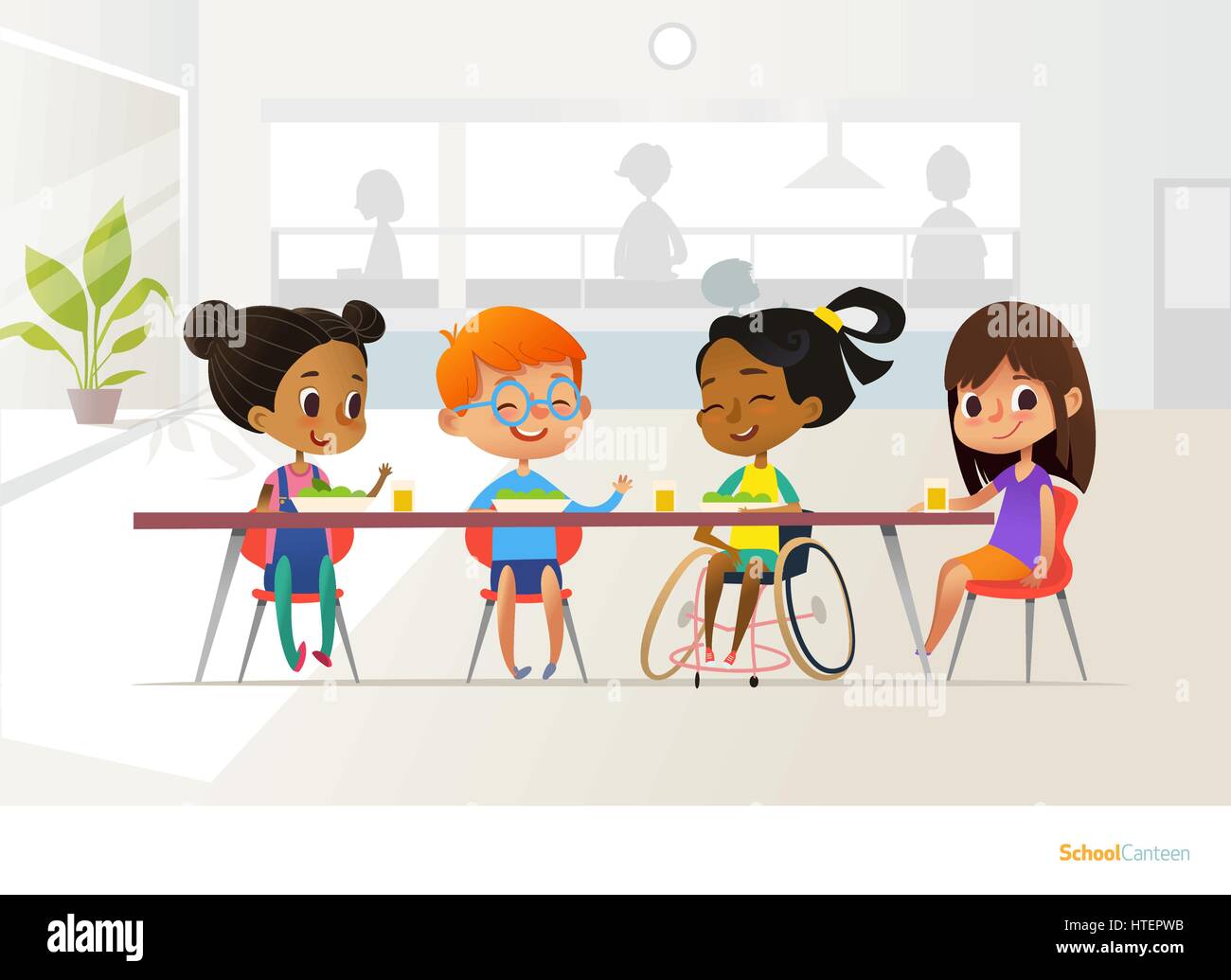 Smiling disabled girl sitting at table in school canteen and talking to her classmates. Children s friendship. Inclusive education concept. Vector illustration for banner, website, advertisement. Stock Vector
