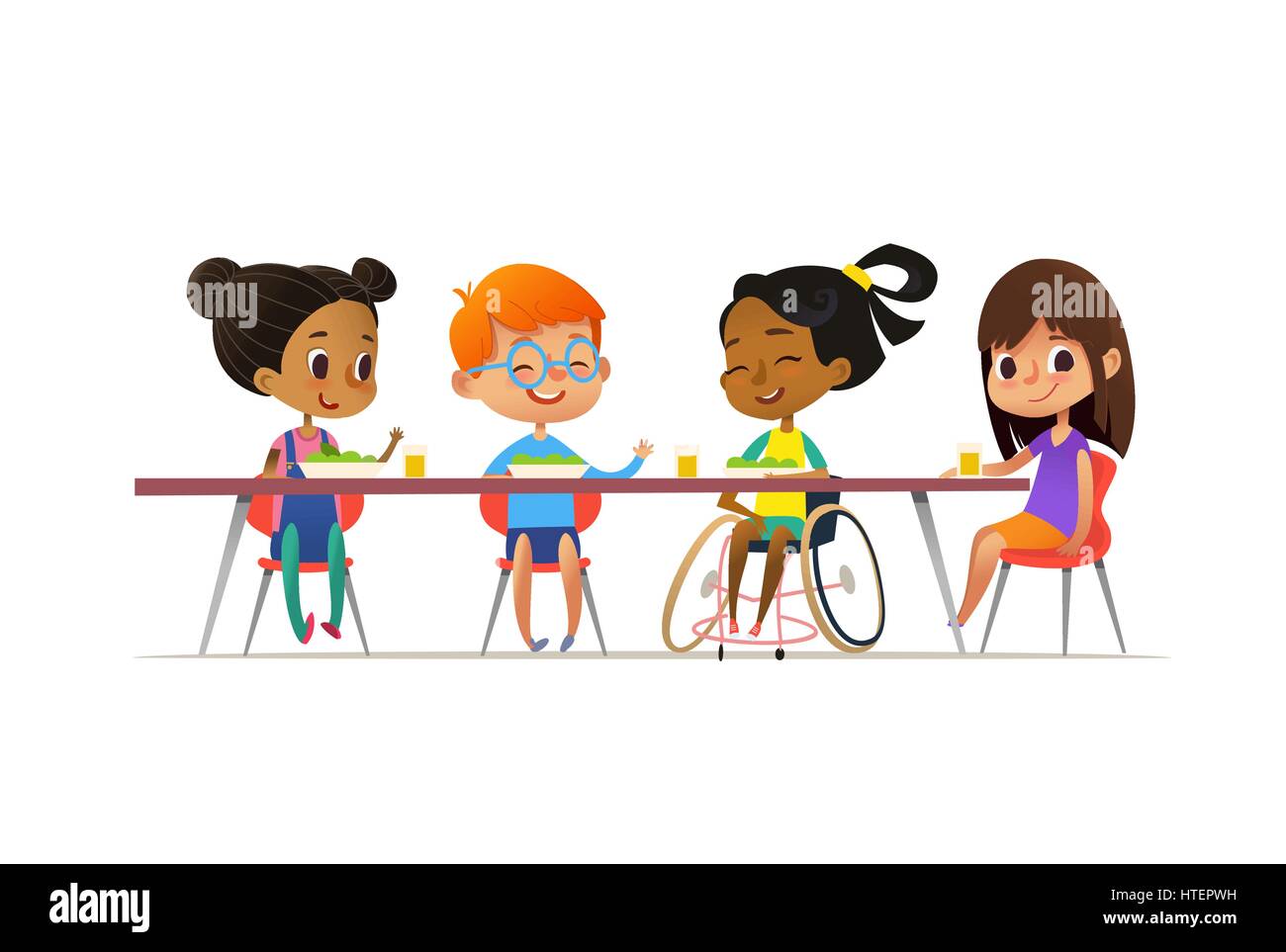 Girl in wheelchair sitting at table in canteen and talking to her friends. Happy multiracial kids having lunch. School inclusion concept. Vector illustration for website, advertisement, poster, flyer. Stock Vector
