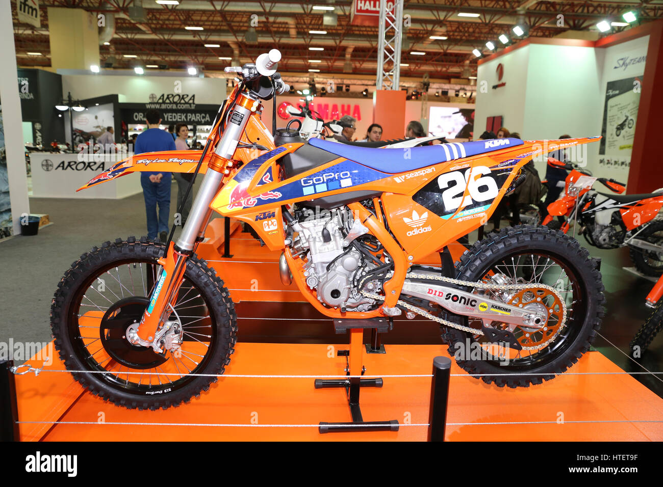 ISTANBUL, TURKEY - FEBRUARY 25, 2017: KTM 250 SXF on display at Motobike Istanbul in Istanbul Exhibition Center Stock Photo