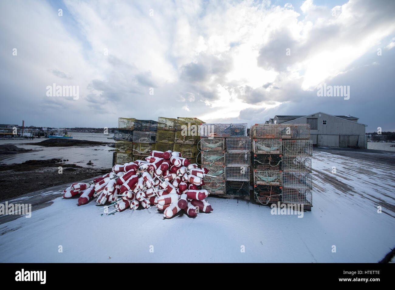 Lobster traps and buoys taken out for winter maintenance. Southwest Harbor, Acadia National Park, Maine Stock Photo
