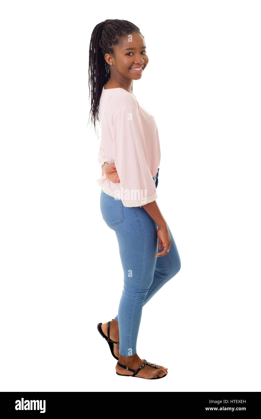 Happy african girl full length isolated on white background Stock Photo ...