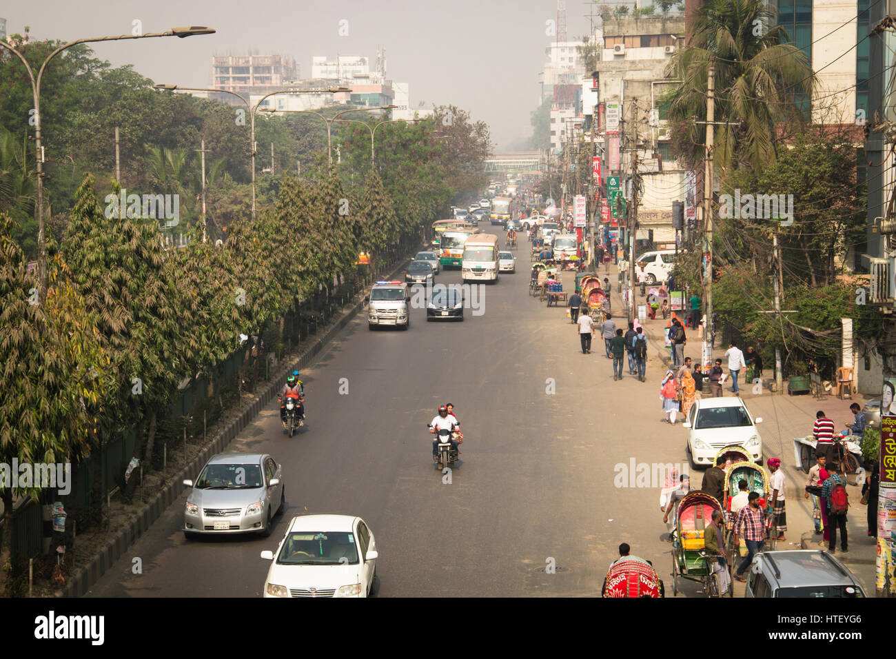 DHAKA, BANGLADESH - FEBRUARY 2017: Street with many vehicles in the center of Dhaka in Bangladesh Stock Photo