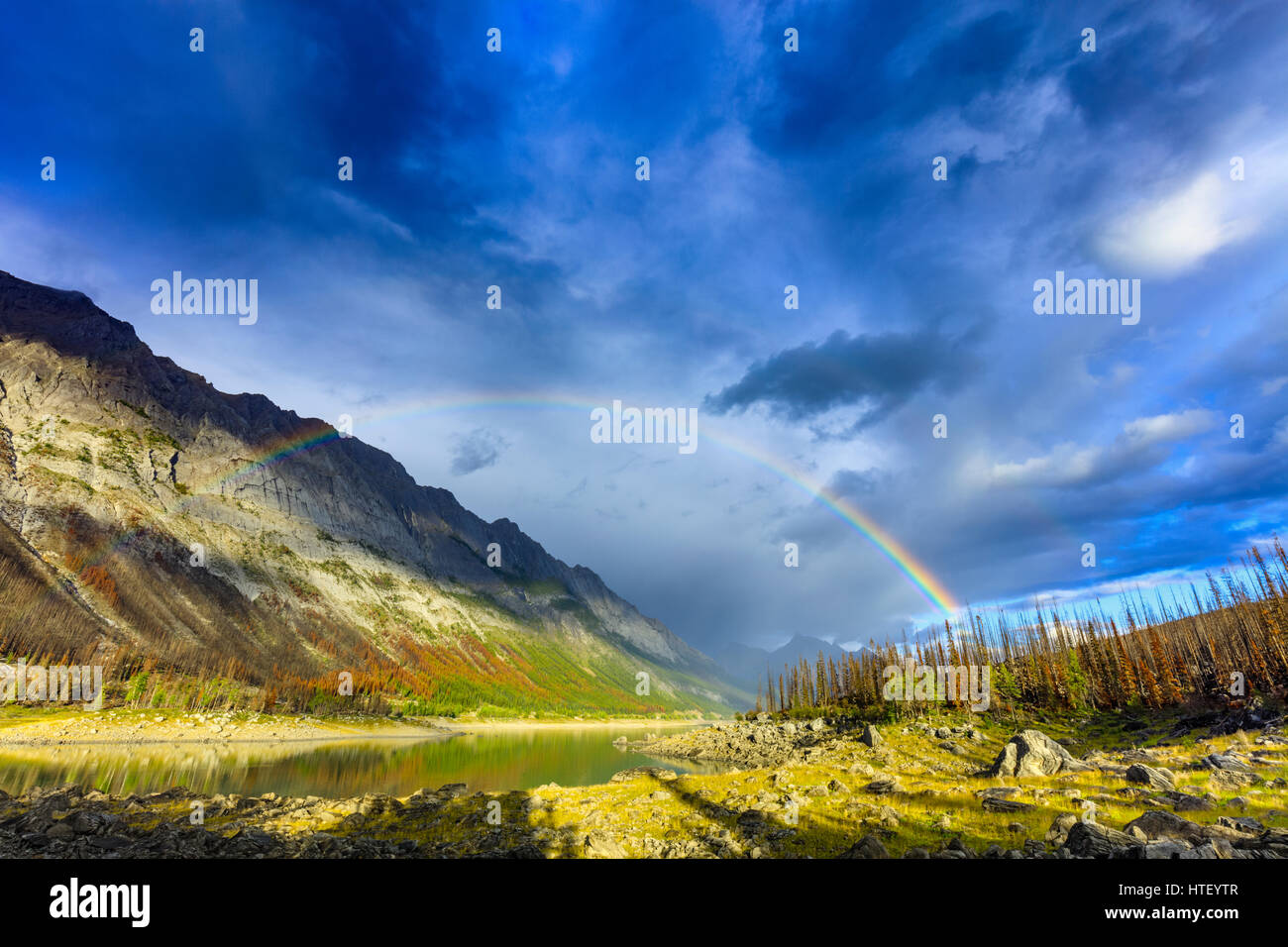Rainbow in Medicine Lake area, Jasper National Park Stock Photo