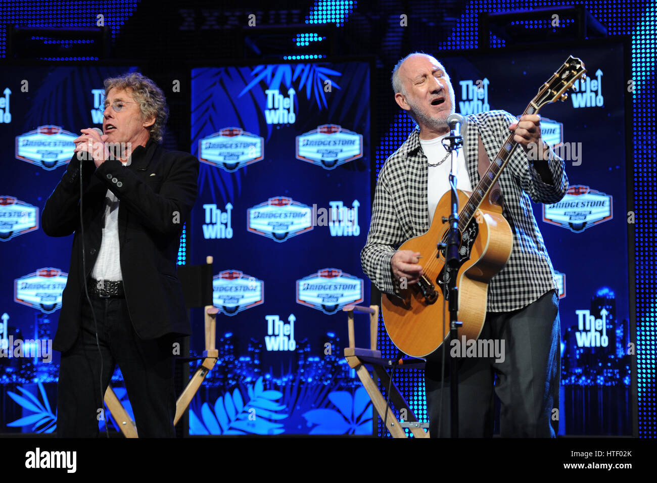 Roger Daltrey and Pete Townshend of the Who perform at the Super Bowl XLIV Halftime Press Conference at Broward County Convention Center on February 4, 2010 in Fort Lauderdale, Florida Stock Photo