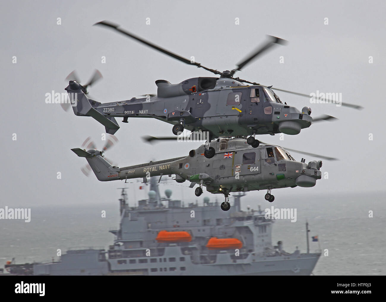 The Royal Navy Blackcats Westland Lynx HMA.8 (R) and Wildcat HMA.2 performing at Bournemouth Air Festival Stock Photo