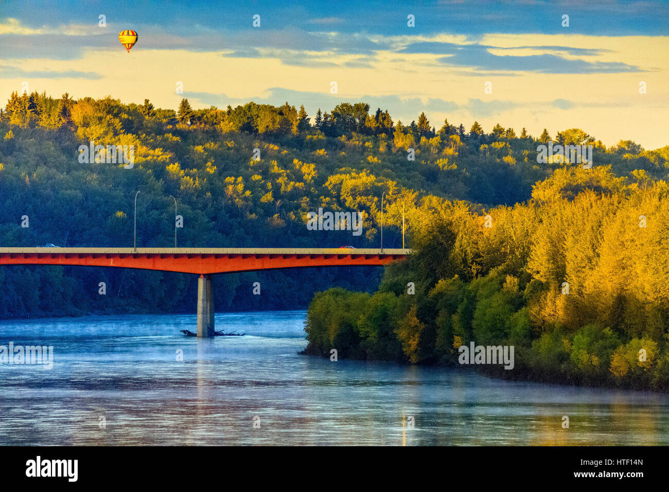 Hot air ballon and North Saskatchewan River, Edmonton Alberta Stock Photo