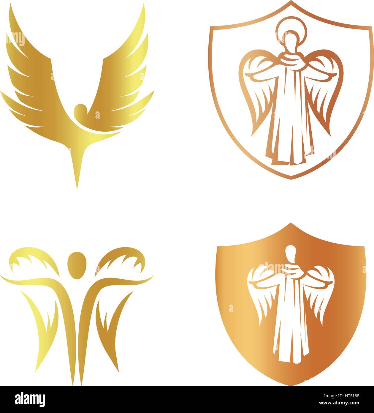 Isolated golden color angel silhouette logo set, shield with religious element logotype collection,coat of arm with archangel vector illustrations on white. Stock Vector