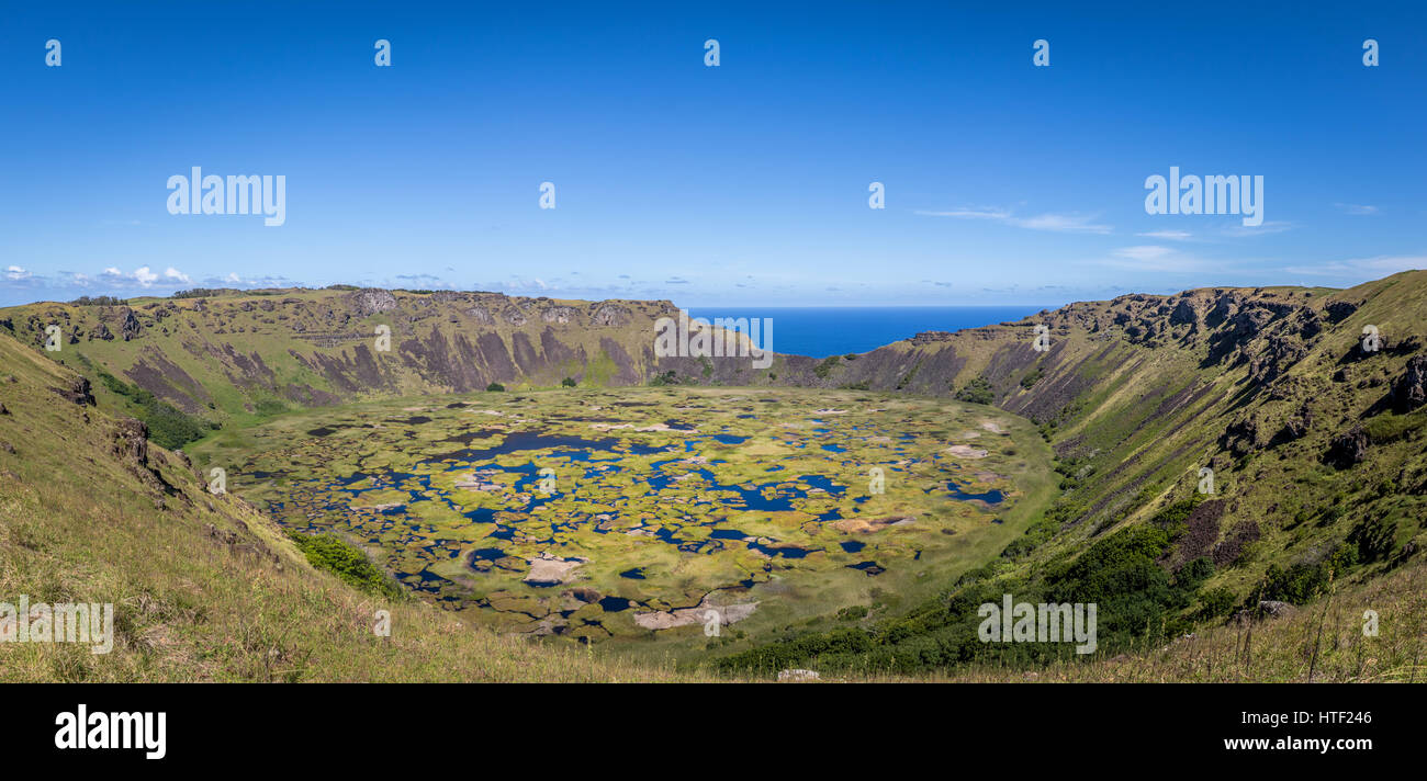 Crater of volcano Rano Kau in Easter Island Stock Photo