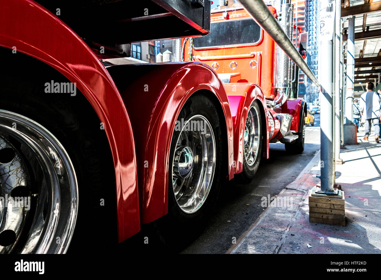 Red Truck, 18 Wheeler on a New York street. Stock Photo
