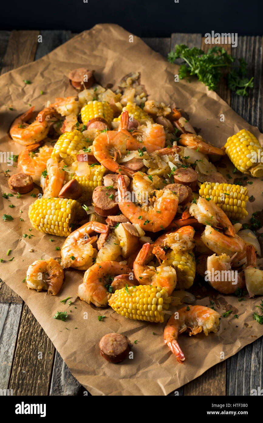Homemade Traditional Cajun Shrimp Boil with Sausage Potato and Corn